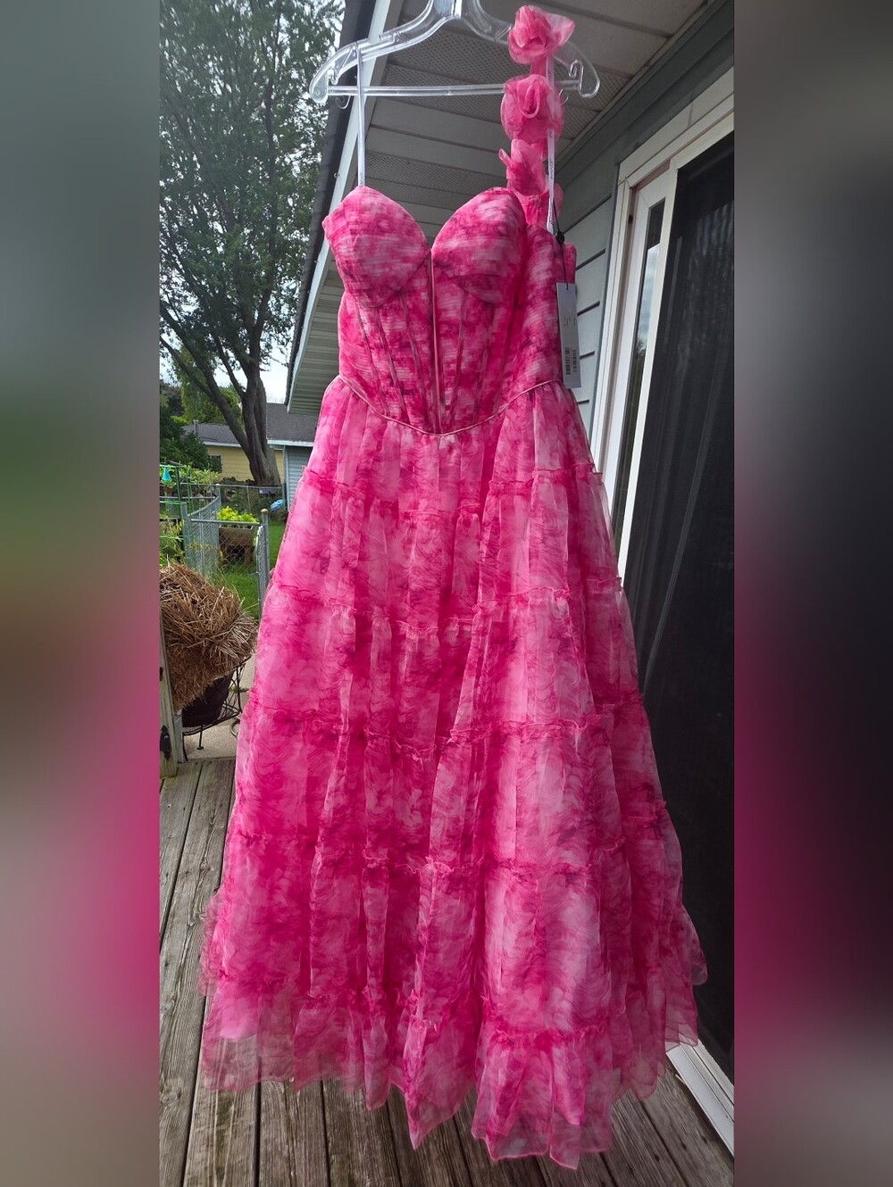 Jovani Hot Pink One-Shoulder Floral Strap Tiered Ball Gown